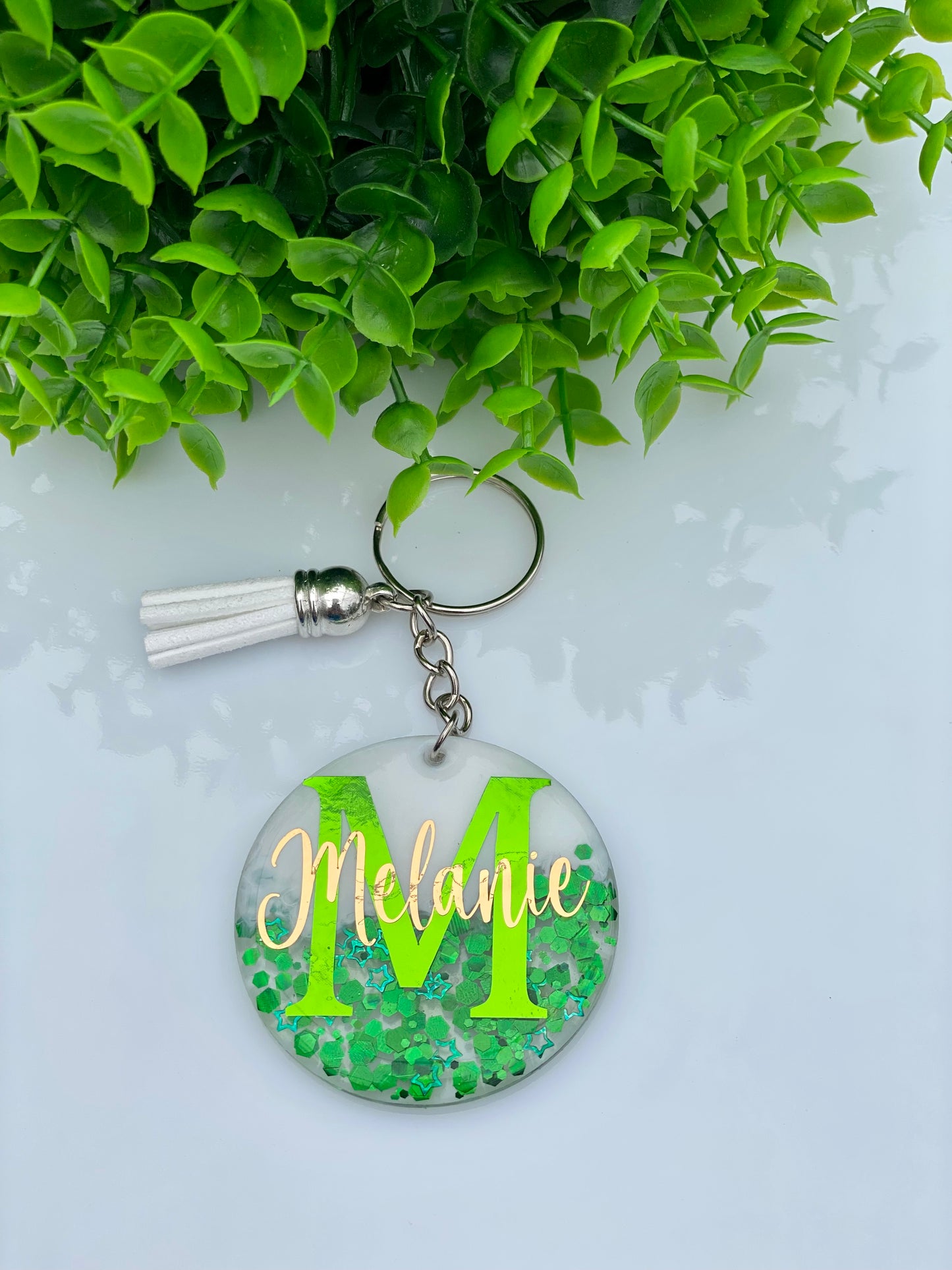 Personalized Jade Keychain with Tassel, Acrylic Keychain, Glitter Keychain