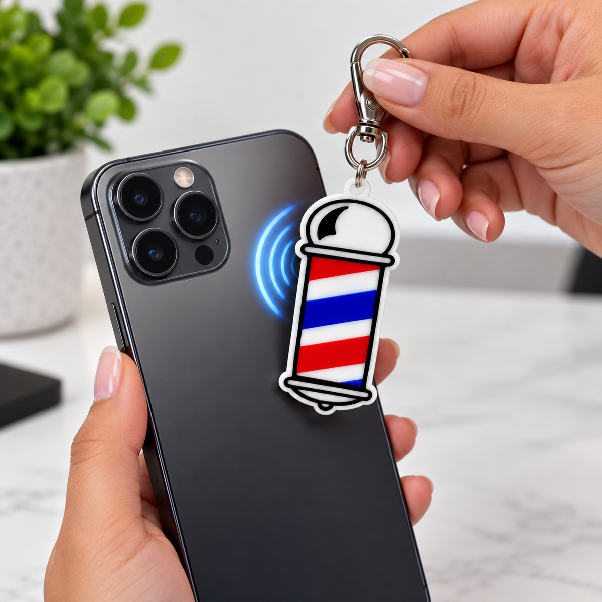 PERSONALIZED BARBER POLE NFC KEYCHAIN