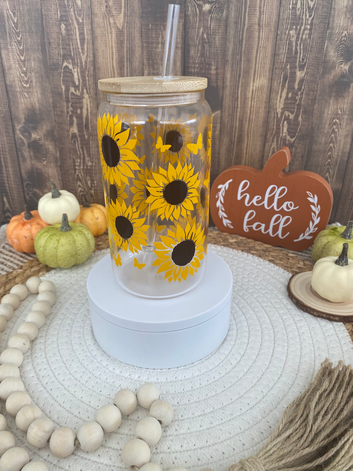 Sunflower Butterfly Glass Cup, Can Glass, Sunflower Cup, Glass Cup