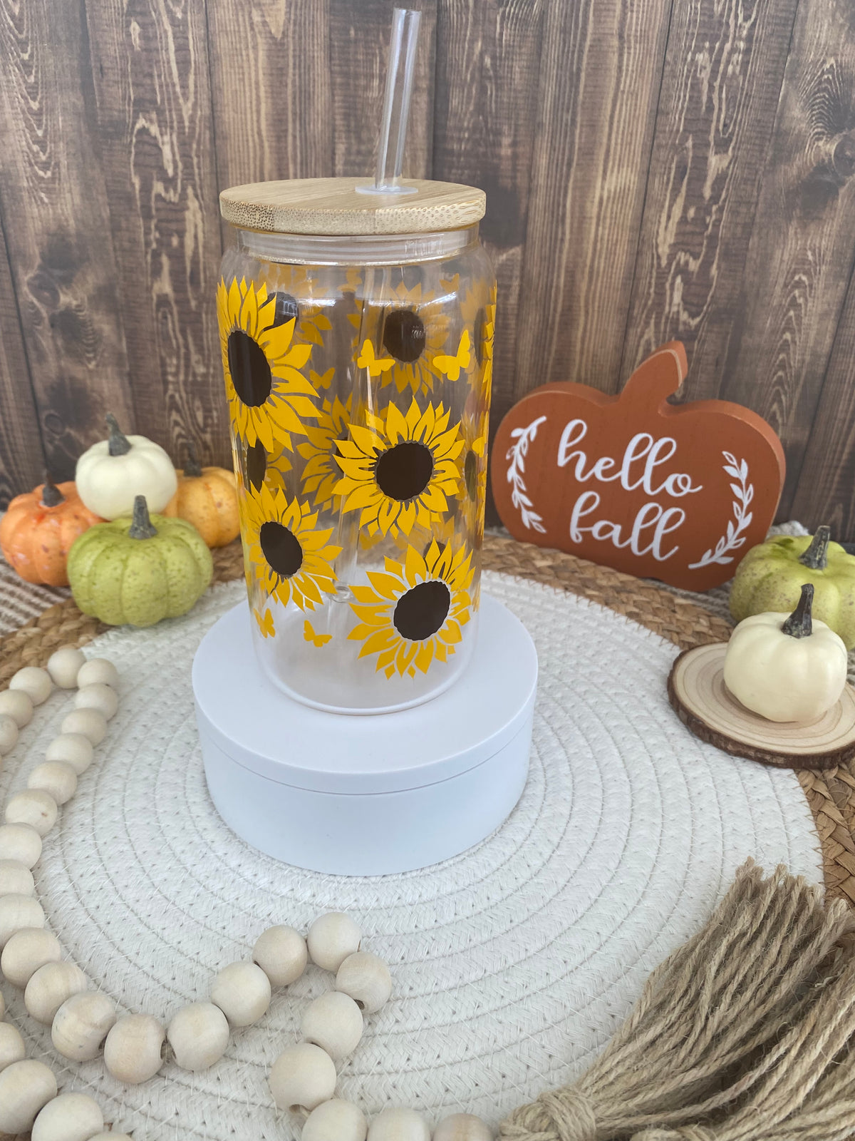 Sunflower Butterfly Glass Cup, Can Glass, Sunflower Cup, Glass Cup