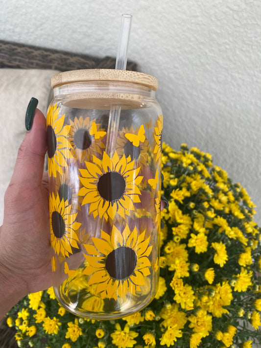 Sunflower Butterfly Glass Cup, Can Glass, Sunflower Cup, Glass Cup