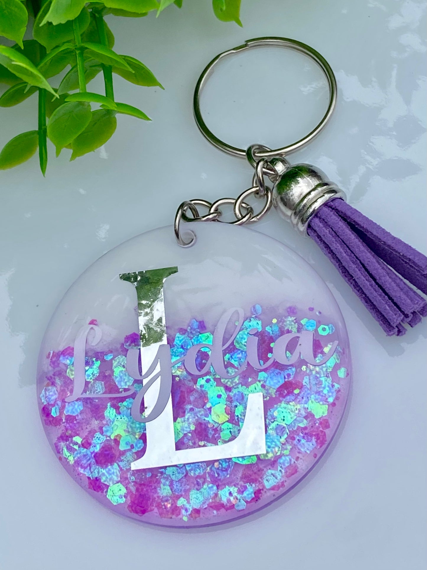 Personalized Orchid Keychain with Tassel, Acrylic Keychain, Glitter Keychain