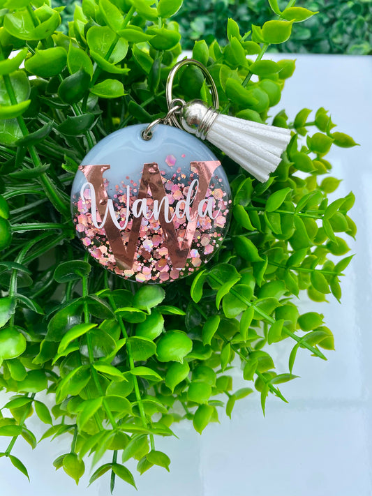 Personalized Rose Gold Keychain with Tassel, Acrylic Keychain, Glitter Keychain