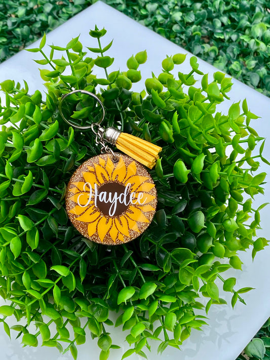 Personalized Sunflower Keychain with Tassel, Acrylic Keychain, Glitter Keychain