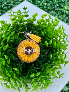 Personalized Sunflower Keychain with Tassel, Acrylic Keychain, Glitter Keychain