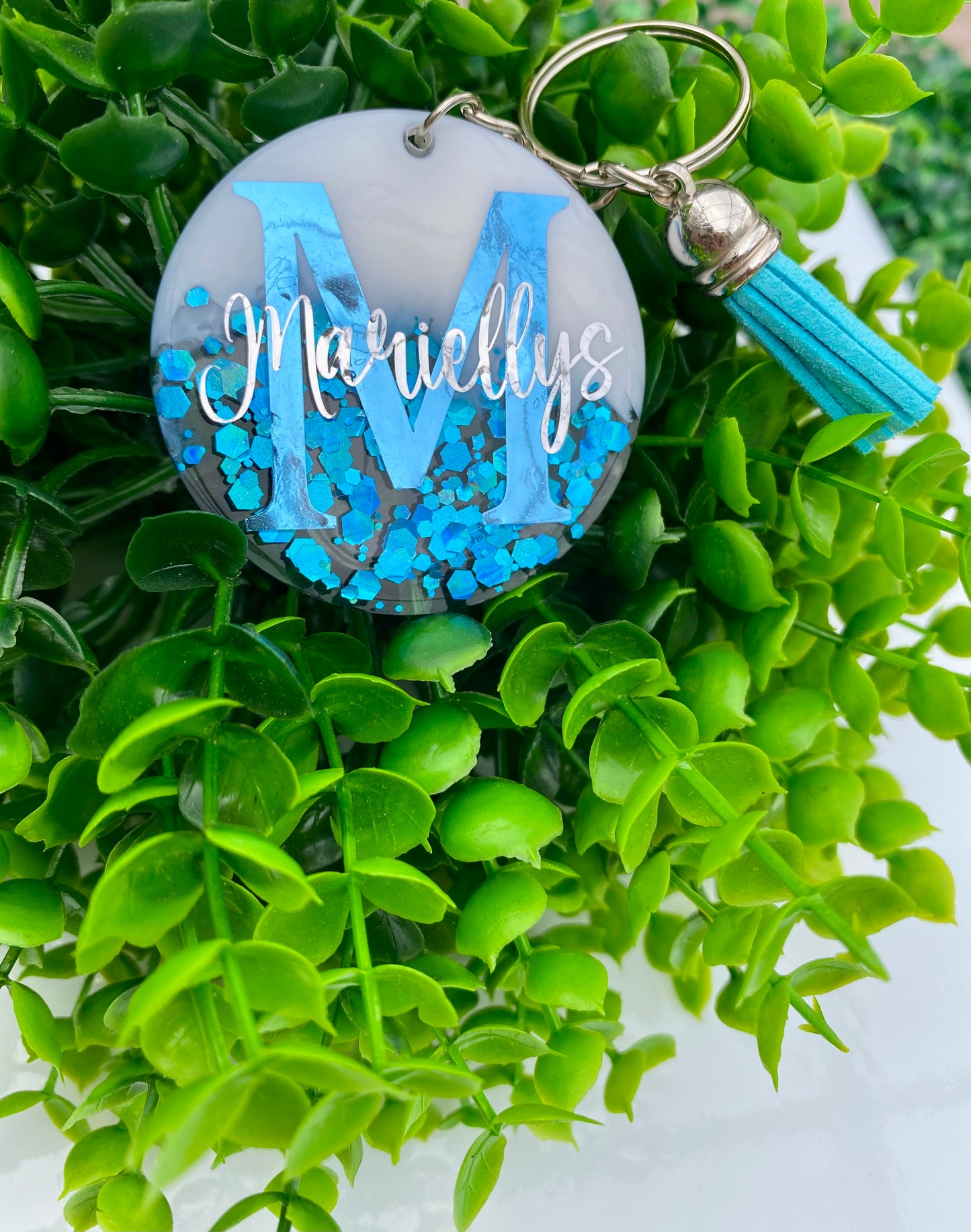 Personalized Glacier Keychain with Tassel, Acrylic Keychain, Glitter Keychain