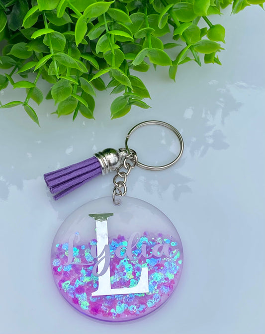 Personalized Orchid Keychain with Tassel, Acrylic Keychain, Glitter Keychain
