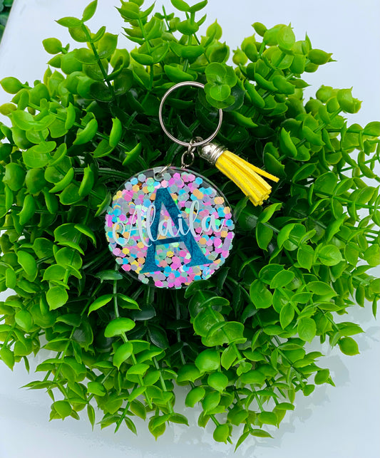 Personalized Confetti Keychain with Tassel, Acrylic Keychain, Glitter Keychain