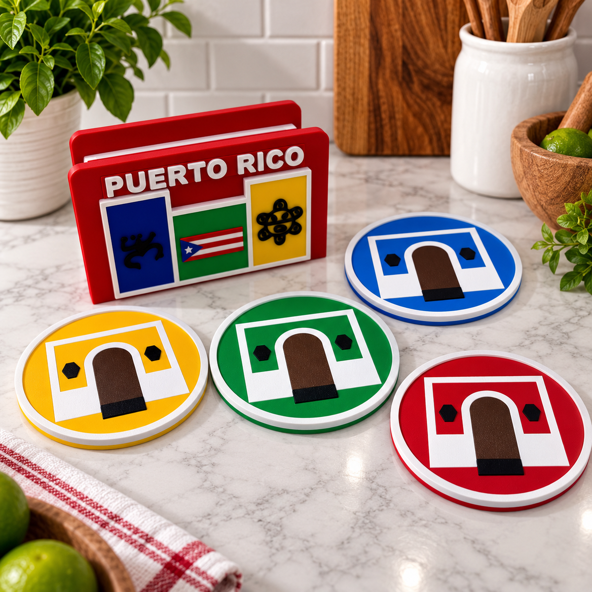 Puerto Rico Coaster Set – Old San Juan Casitas with Holder