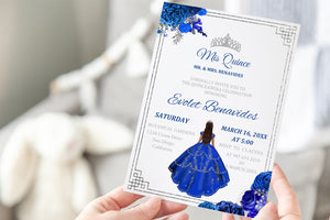 Mis Quince Royal Blue and Silver Floral Invitation