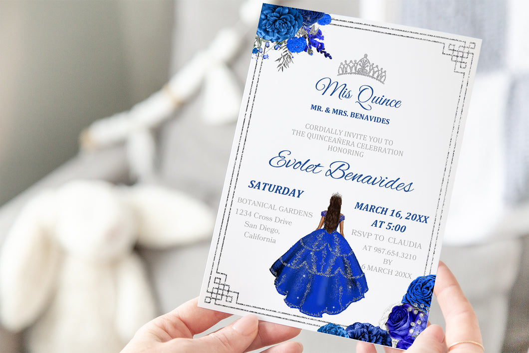 Mis Quince Royal Blue and Silver Floral Invitation